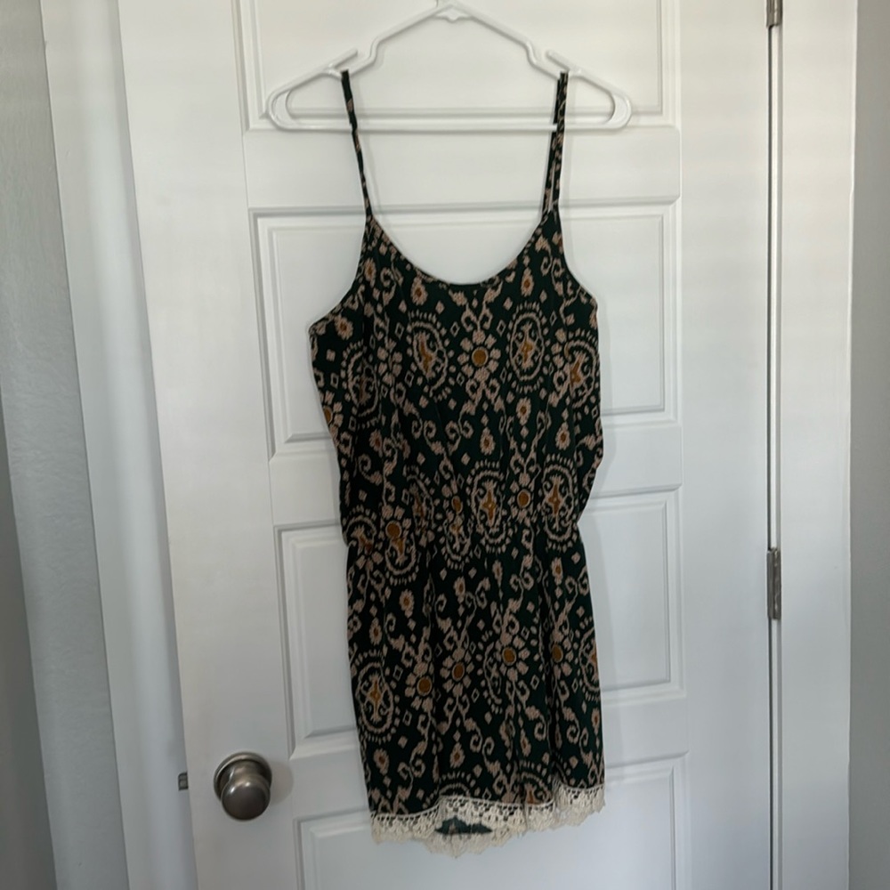 Green and tan geometric, print romper maude